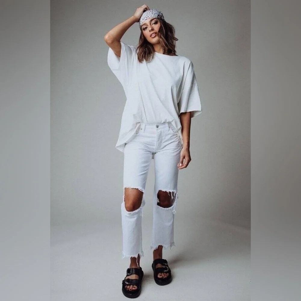 We the free Maggie Mid Rise Straight Leg Distressed Jeans Optic White Sz 26